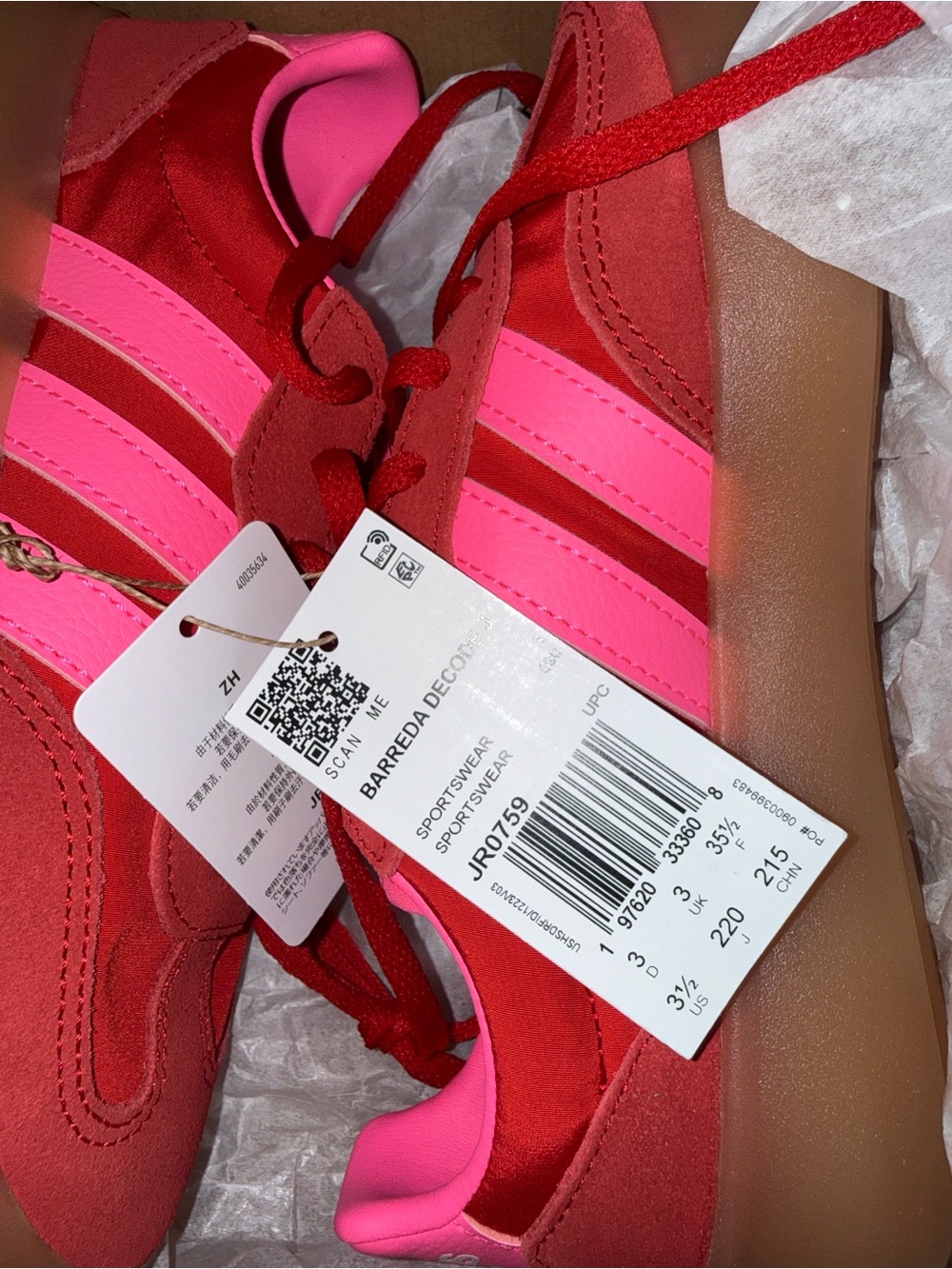 adidas Kids Red Suede Sneakers with Pink Stripes